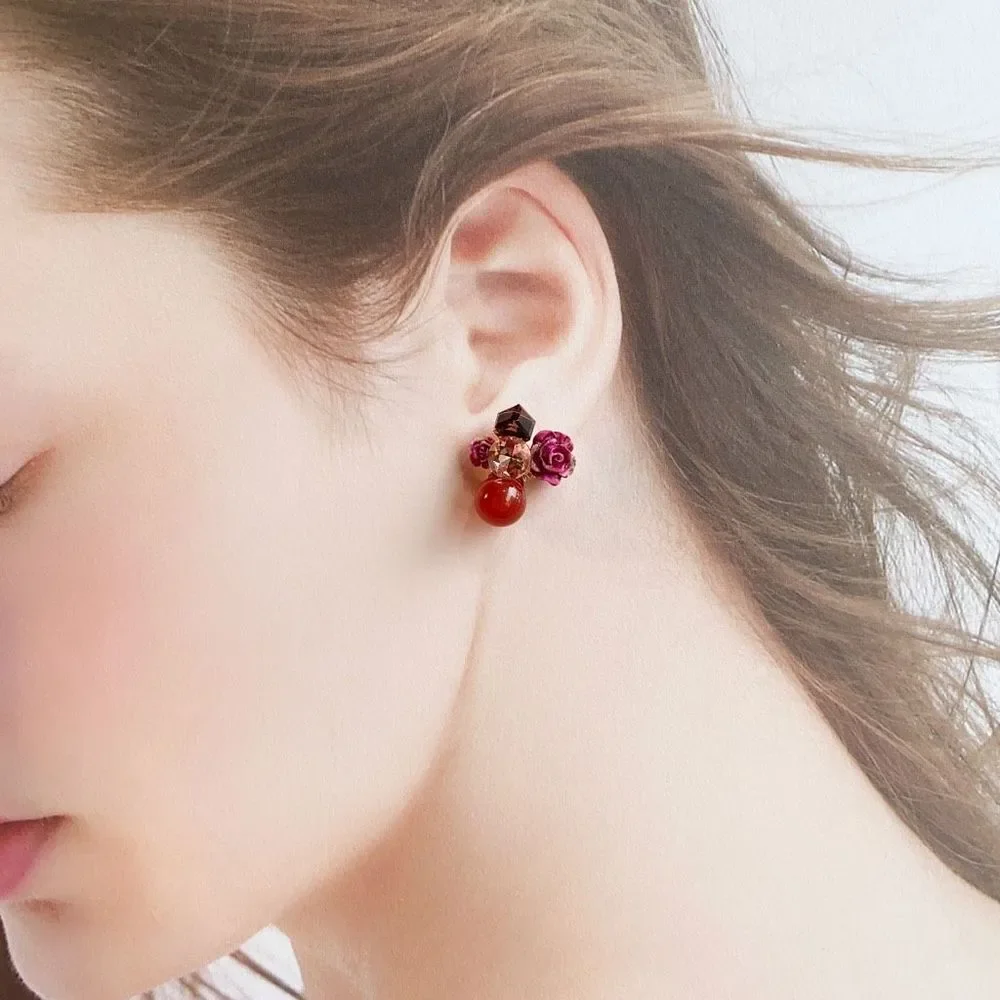 Handmade Burgundy Rose Flower Earring Studs
